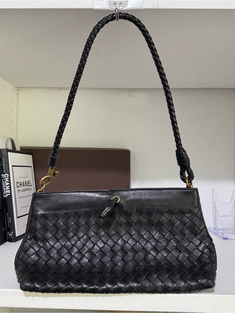 Bottega Veneta Black Woven Shoulder Bag with Braided Strap